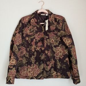 NWT Vintage Erika Women's Brown Floral Jacket Textured Collar Size Petite Medium